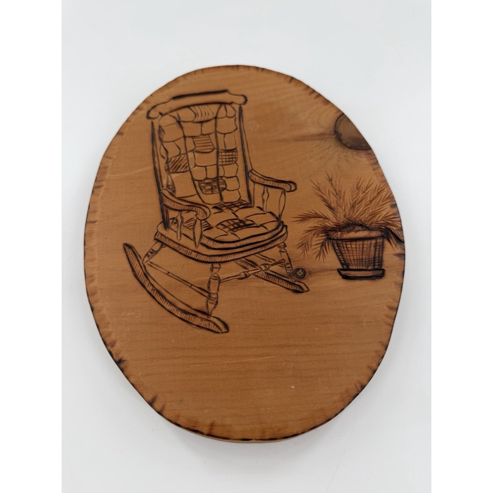 Vintage 1988 Pyrography Wood Burning Rocking Chair Folk Art Wall Plaque 10x8